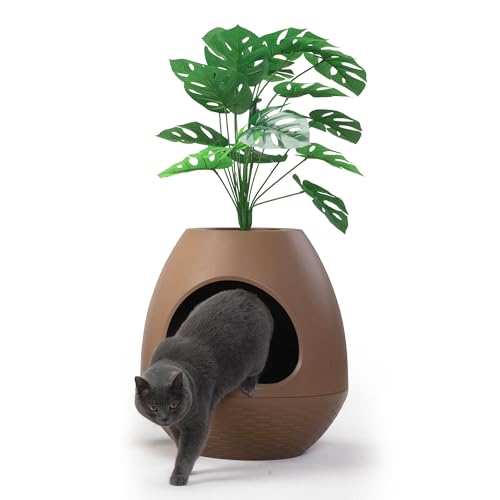 Grey Extra Large Hidden Litter Box Enclosure with Artificial Plants Q58222