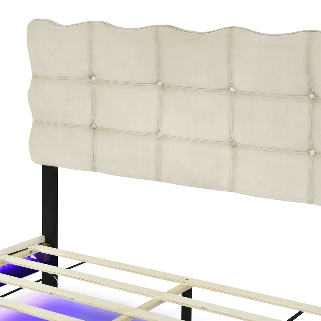 Queen Size Beige Velvet Upholstered Platform Bed with LED D97860