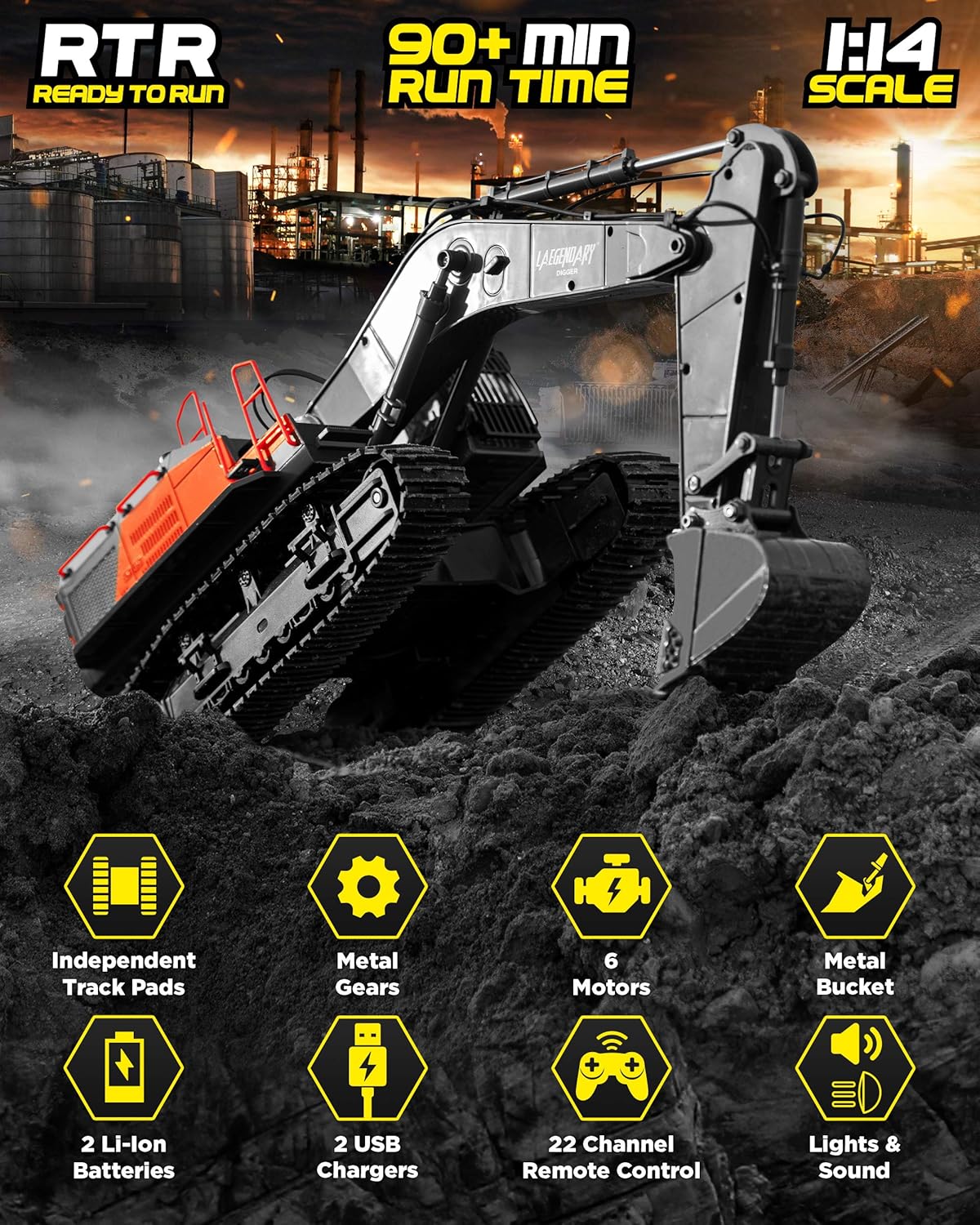 Remote Control Excavator Toy 1:14 Scale Black Red Z47797
