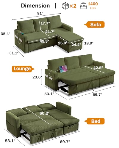 Corduroy Green L Shaped Sleeper Sofa with Pull Out Bed L836400