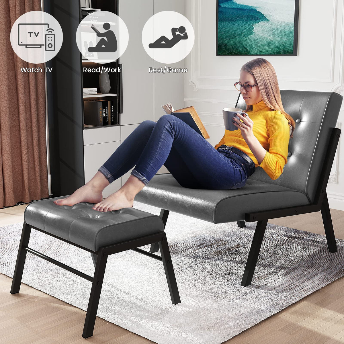 Grey Leather Accent Chair with Ottoman I4524
