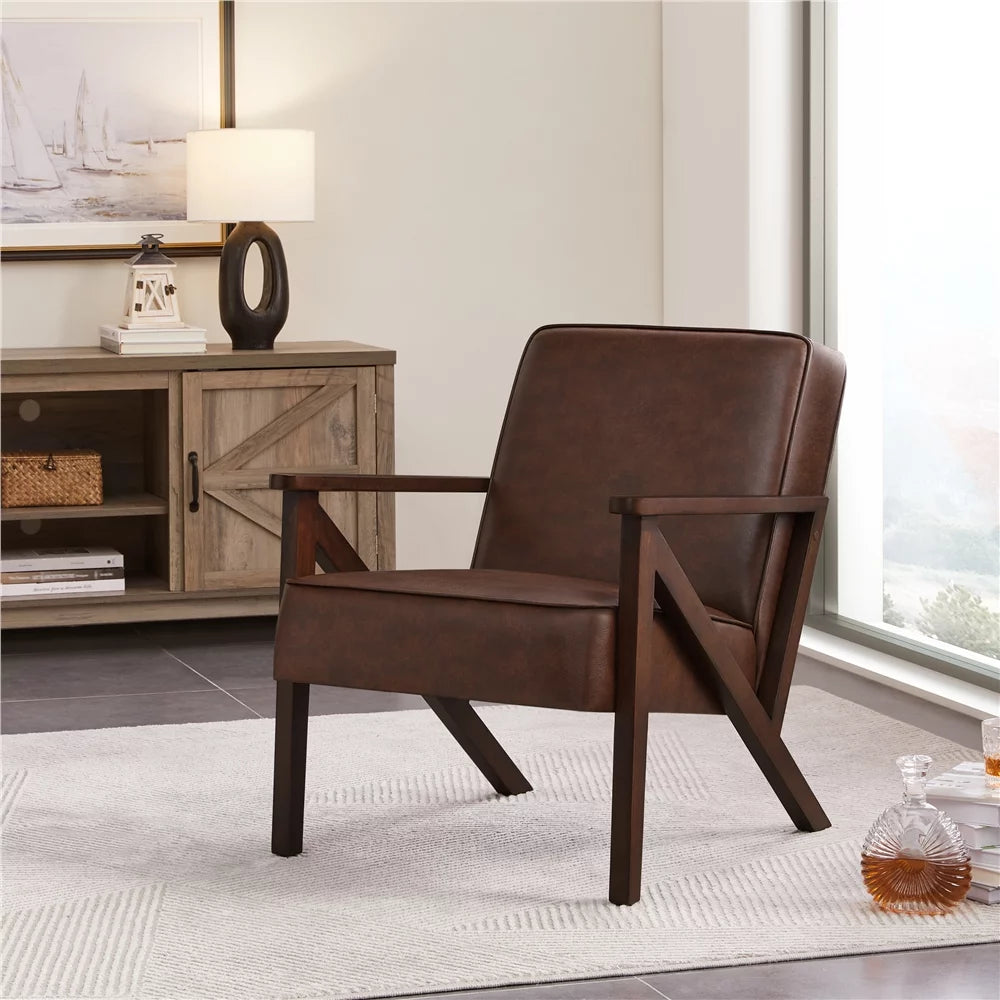 Faux Leather Accent Chair with Wood Legs Y34854