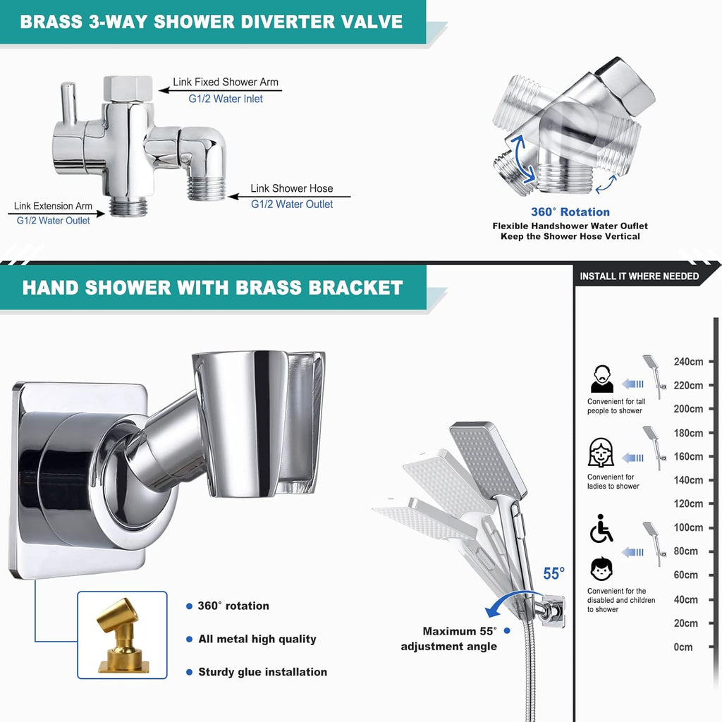 Chrome Rainfall Shower Head with Handheld Combo, Stainless Steel, Brass Holder, Extra Long Hose W88915