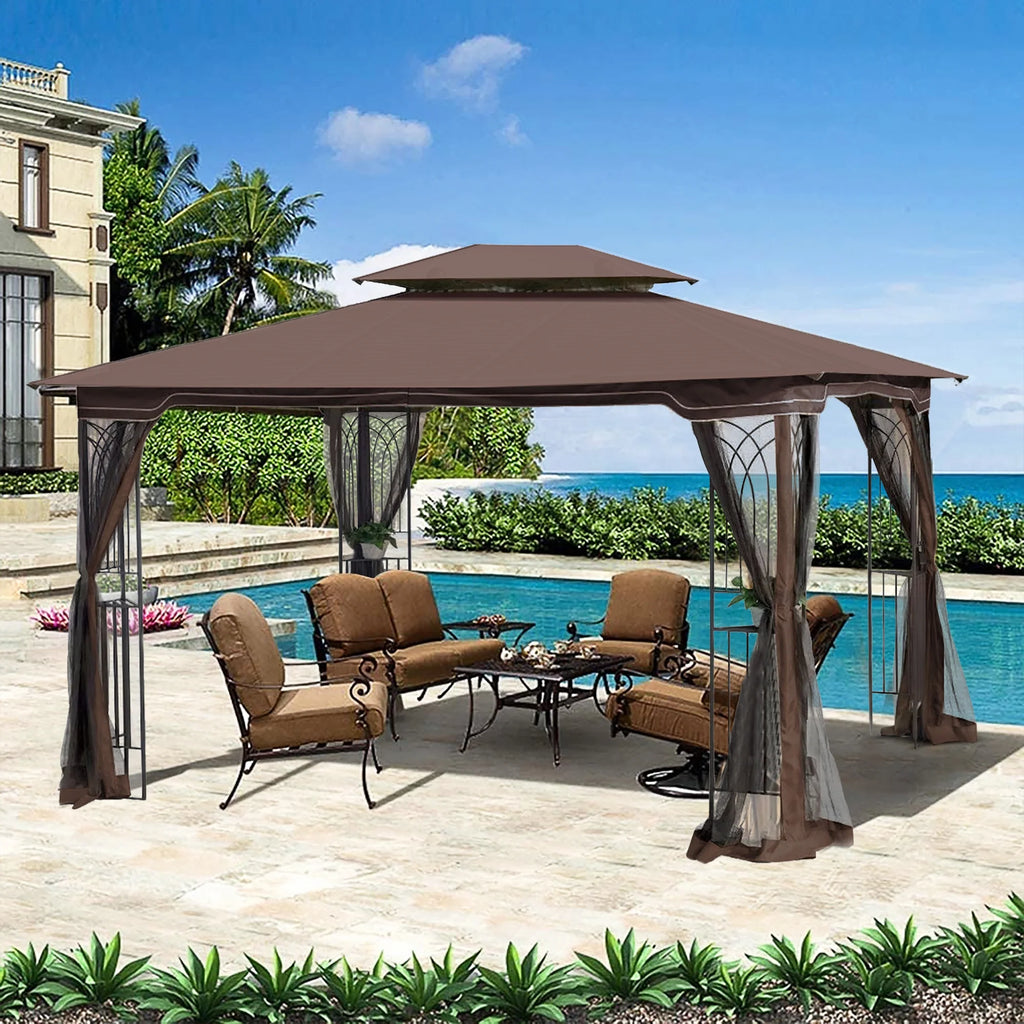 Brown Top Outdoor Patio Gazebo Canopy Tent With Ventilated Double Roof And Mosquito Net Q46582