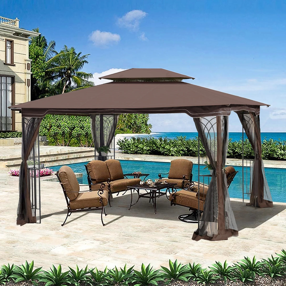 Brown Top Outdoor Patio Gazebo Canopy Tent With Ventilated Double Roof And Mosquito Net Q46582