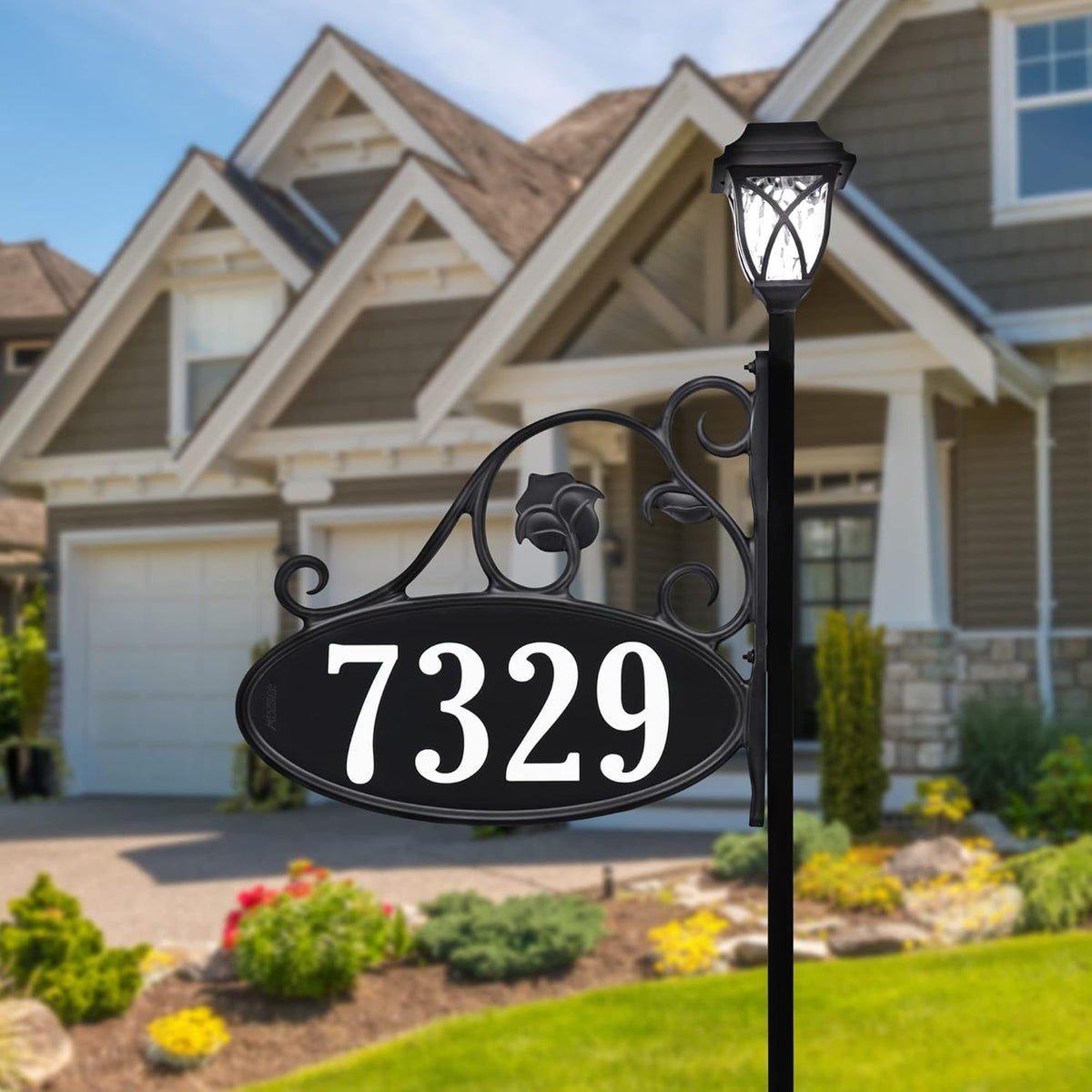 Handcrafted Double-Sided Reflective Home Address Sign with Solar Light C1799