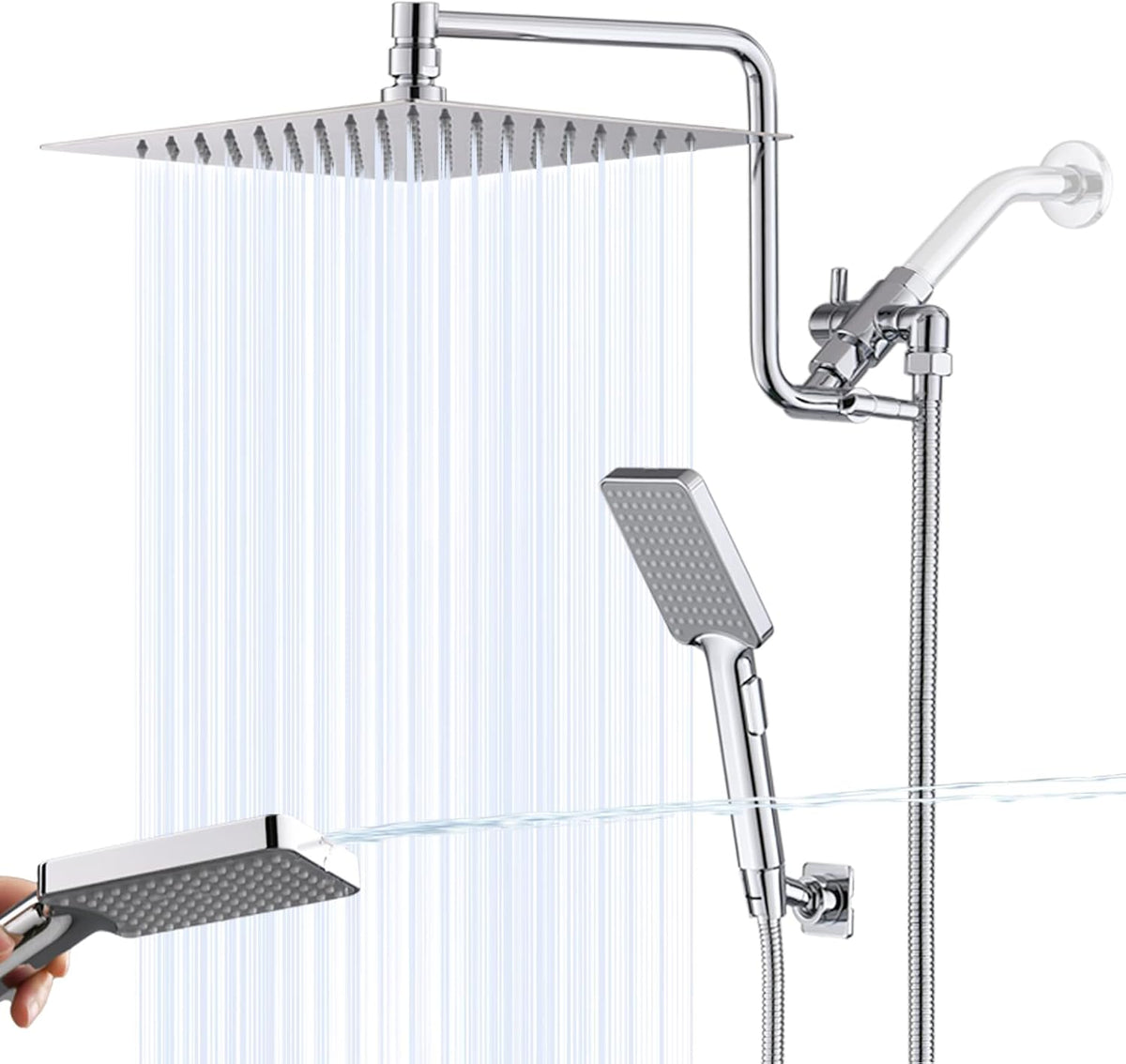 Chrome Rainfall Shower Head with Handheld Combo, Stainless Steel, Brass Holder, Extra Long Hose W88915