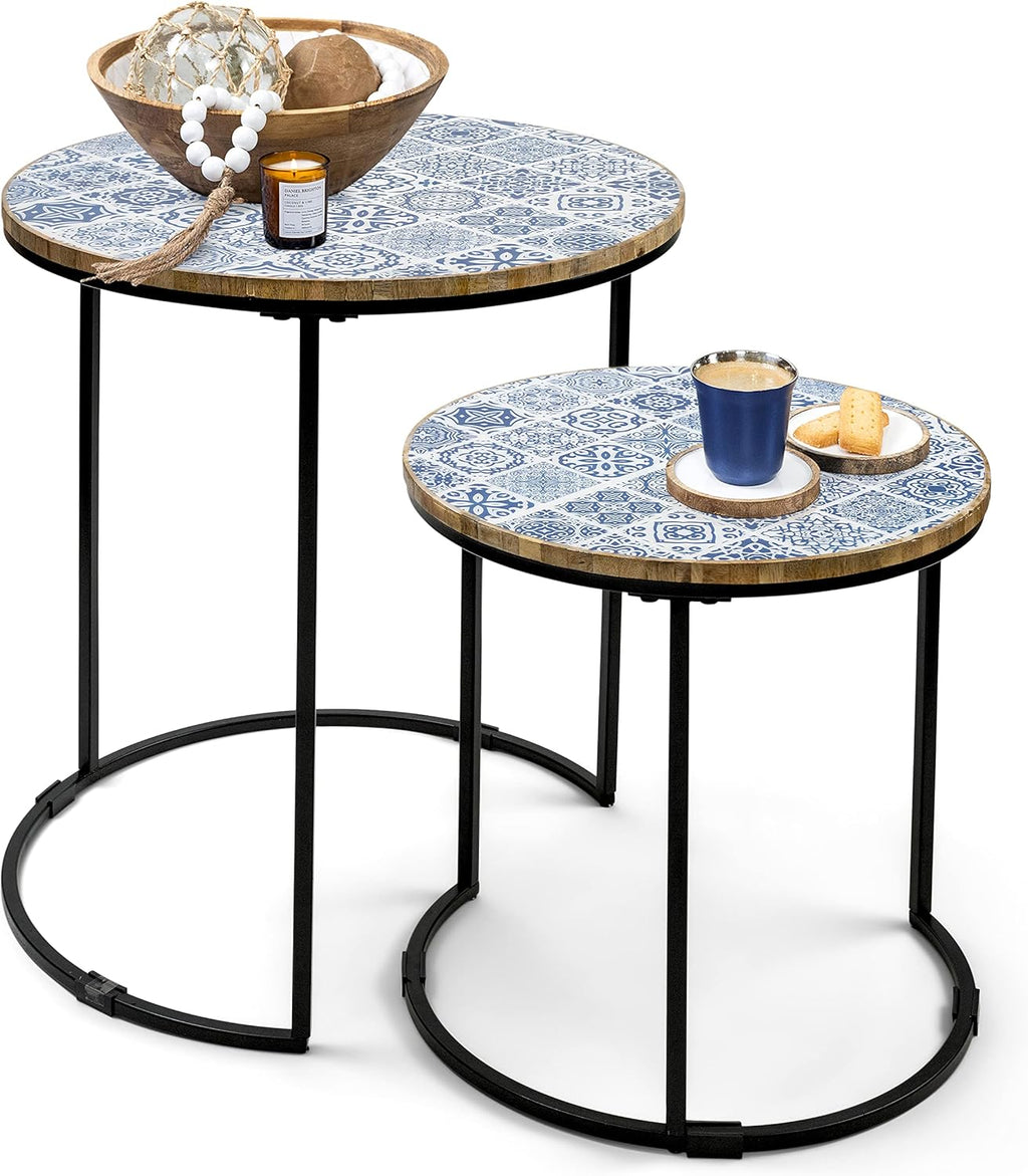 Set of 2 Blue and White Wooden Top Metal Frame Side Tables N9092