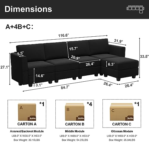 Modular U Shaped Sectional Sofa with Storage Seat Reversible Chaise Ottoman Velvet Fabric S961