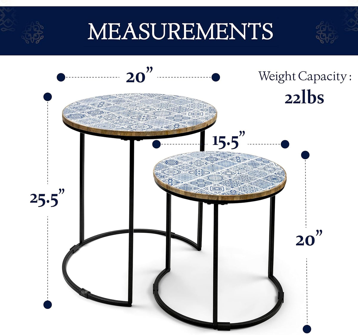 Set of 2 Blue and White Wooden Top Metal Frame Side Tables N9092