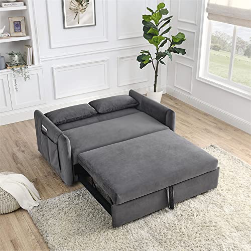 Blue Velvet Convertible Sleeper Sofa Bed with 2 Pillows W686