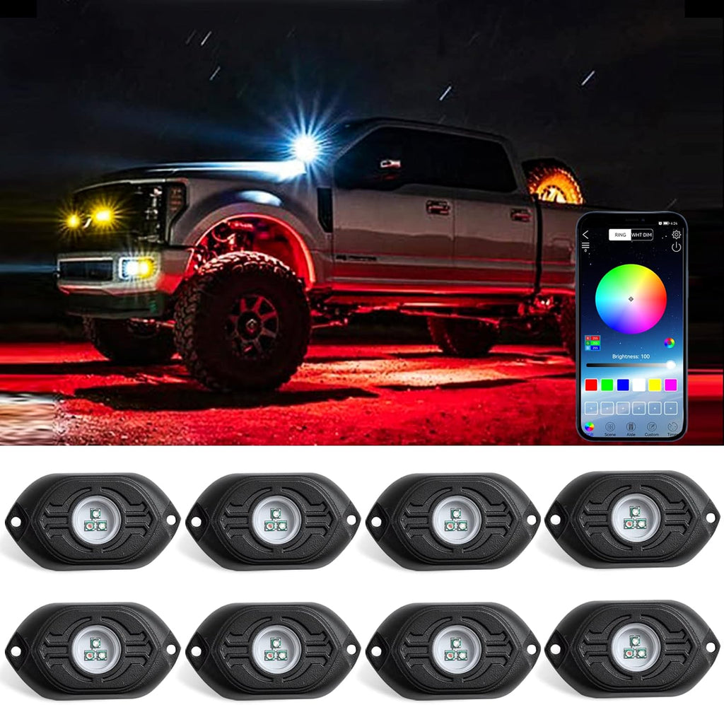 RGB LED Rock Lights 4 Pods Multicolor Waterproof Underglow Kit N1946