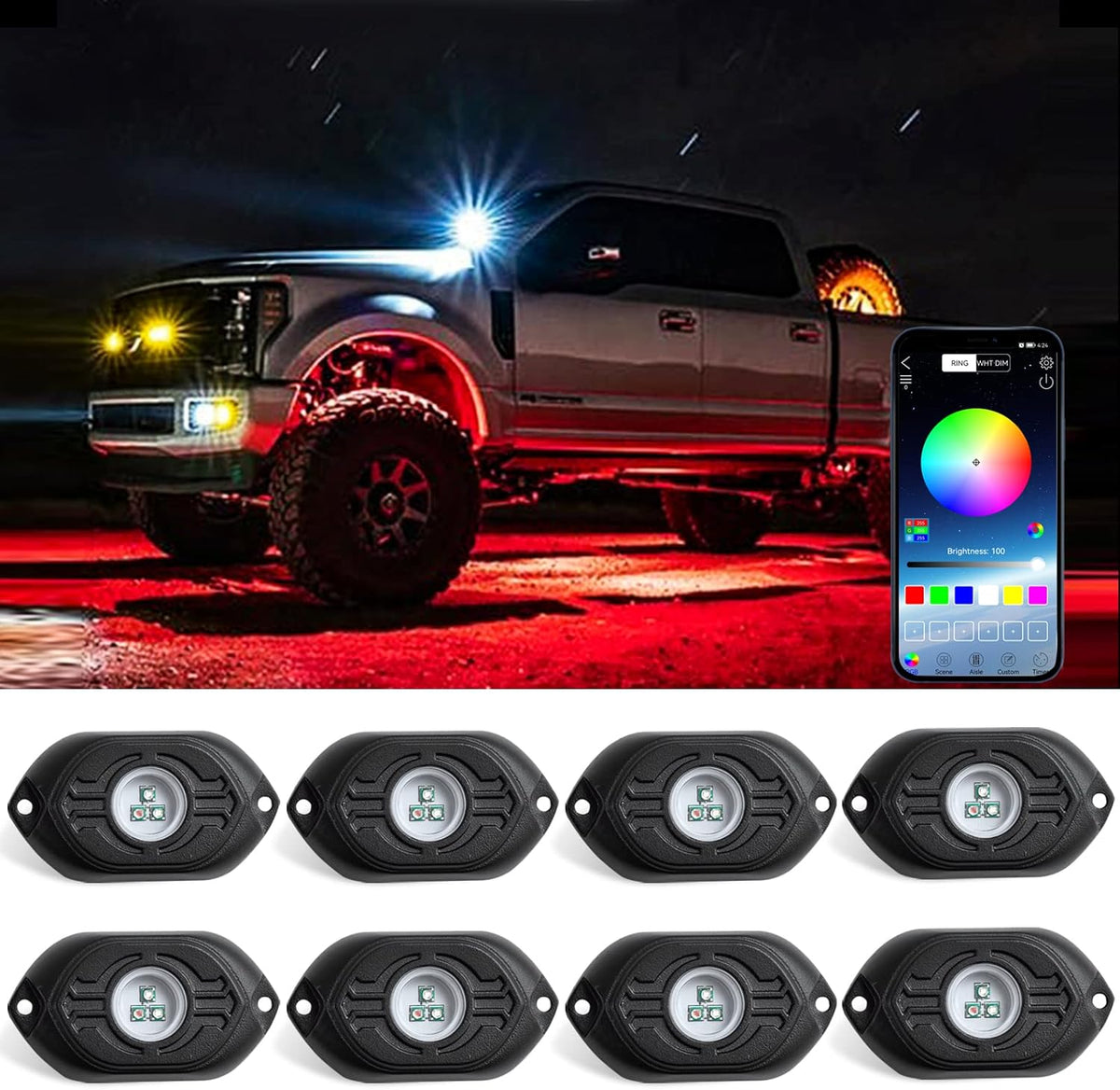RGB LED Rock Lights 4 Pods Multicolor Waterproof Underglow Kit N1946