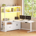 White L Shaped Standing Desk with Drawers & Hutch I543