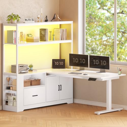 White L Shaped Standing Desk with Drawers & Hutch I543