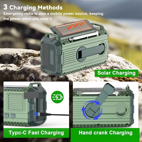 Green AM/FM/NOAA Hand Crank Radio with 15W Fast Charge, 39800mAh Portable Solar Power Bank, Flashlight & SOS Alarm B23770