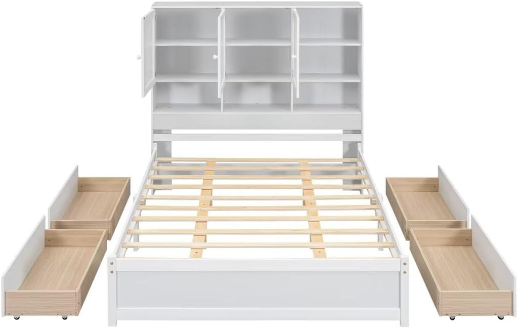 Queen Size Platform Bed with 4 Storage Drawers & Bookcase Headboard, White Q3501