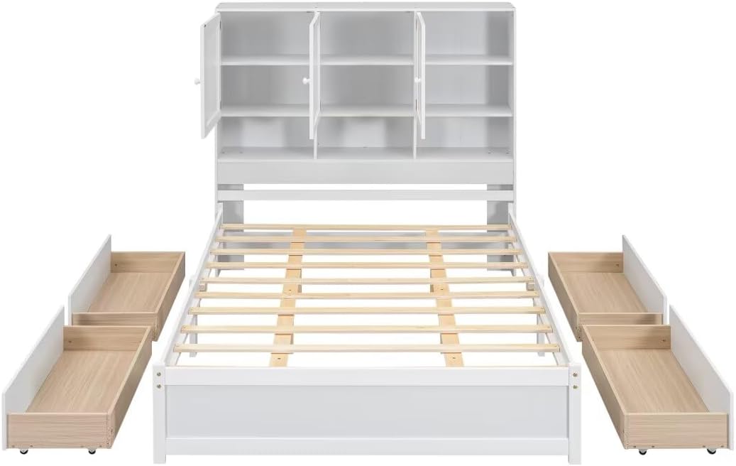 Queen Size Platform Bed with 4 Storage Drawers & Bookcase Headboard, White Q3501