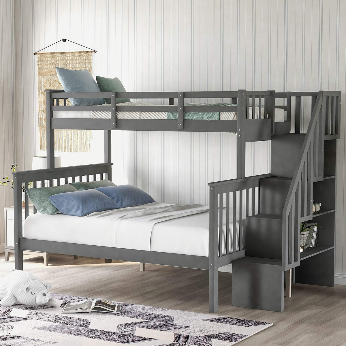 Twin Over Twin/Full Bunk Bed with Trundle and Drawers Grey R7417
