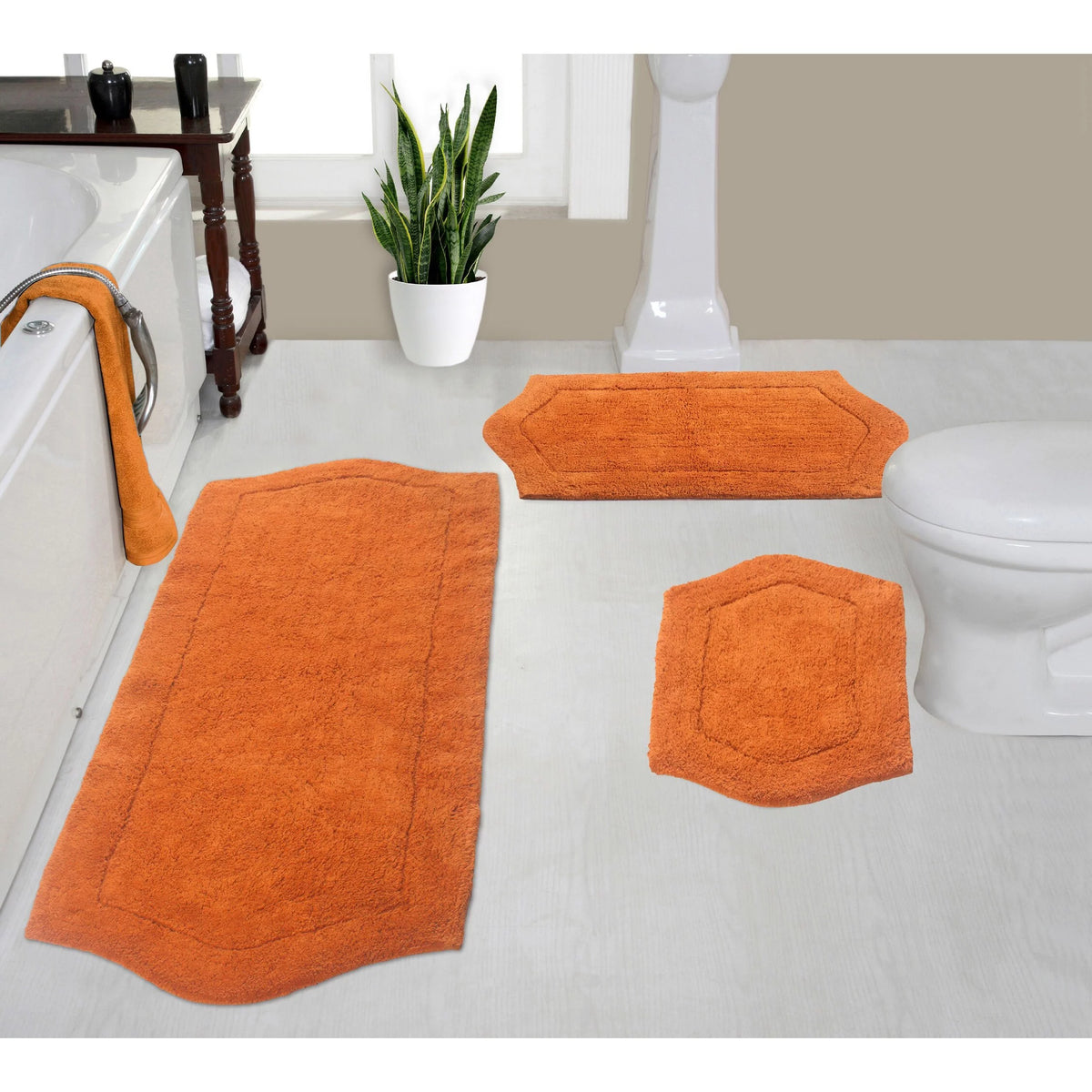 Absorbent Cotton Machine Washable 3 Piece Bathroom Rug Set with Runner N590