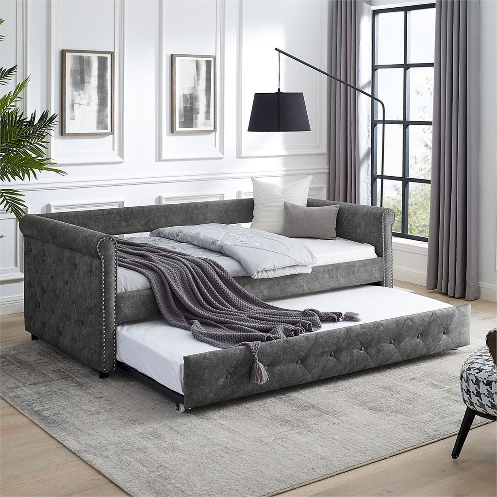 Gray Upholstered Tufted Sofa Bed With Rollers F6393