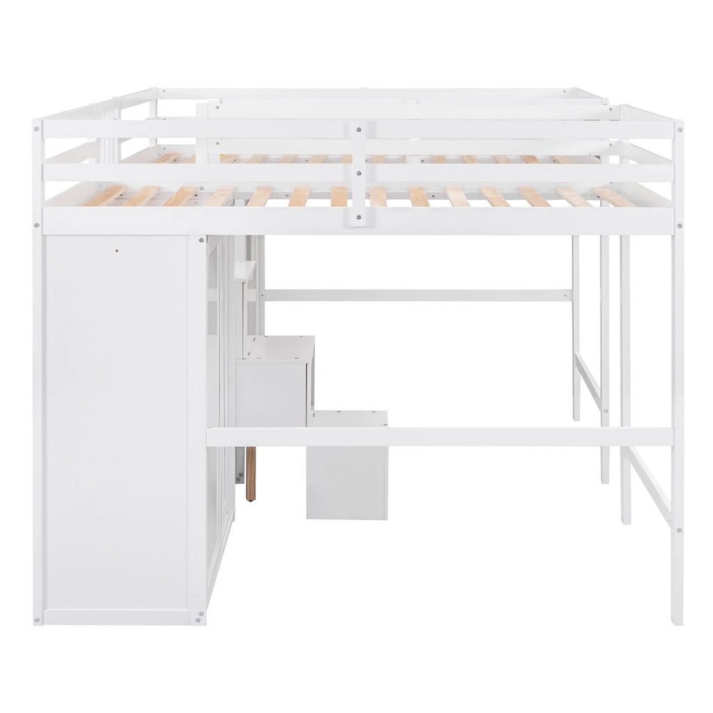 Solid Wood Double Twin Loft Bed with Wardrobes and Staircase G40517