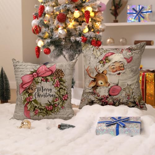 Christmas Pillow Covers 18x18 inch Set of 4 Santa Claus Reindeer Throw Pillow Covers E700