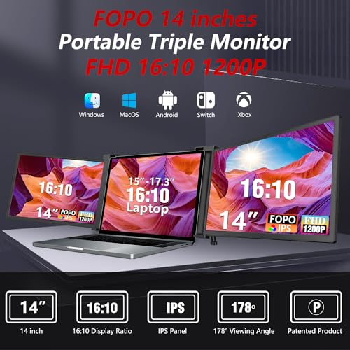 14" Triple Laptop Screen Extender FHD 1200P IPS Portable Monitor for 15-17.3" Laptop with HDMI/USB-C Black W5245