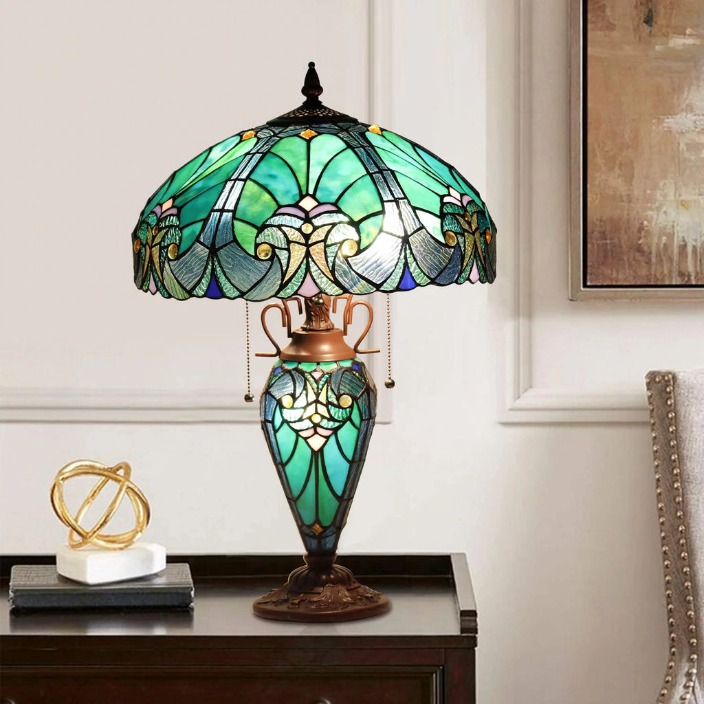 Tiffany Table Lamp 16" Wide Handmade Stained Glass Lamp Shade 3 Light Sea Green V4005