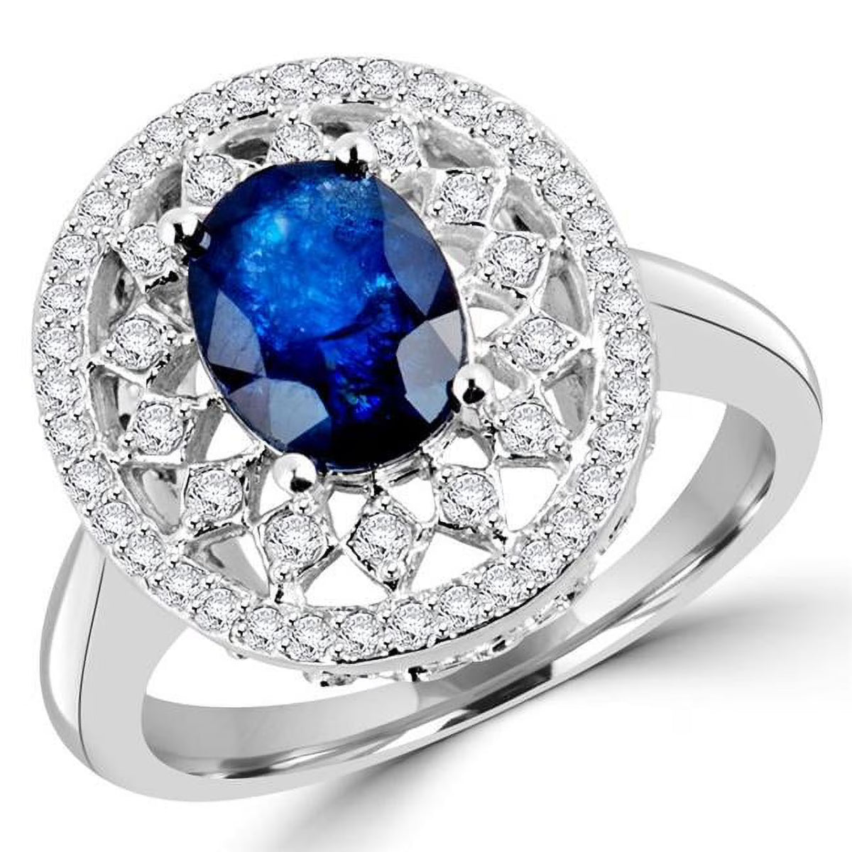 Oval Blue Sapphire Halo Cocktail Ring in 14K White Gold Q31601