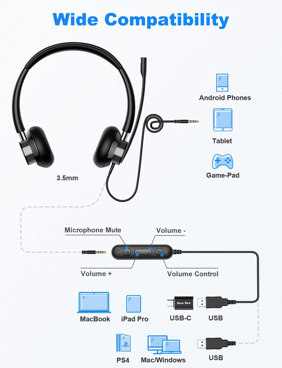 USB Headset with Microphone Wired Computer Headset K7112