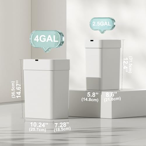 2 Pack Automatic Motion Sensor Trash Can, 2.5 Gallon + 4 Gallon White Q251