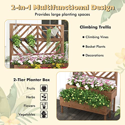 2-Tier Raised Wooden Garden Bed with Trellis W7257
