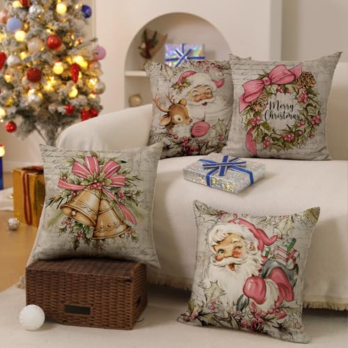Christmas Pillow Covers 18x18 inch Set of 4 Santa Claus Reindeer Throw Pillow Covers E700
