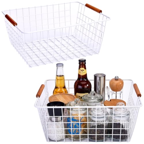 White Wire Baskets with Wooden Handles Set of 2 V34931