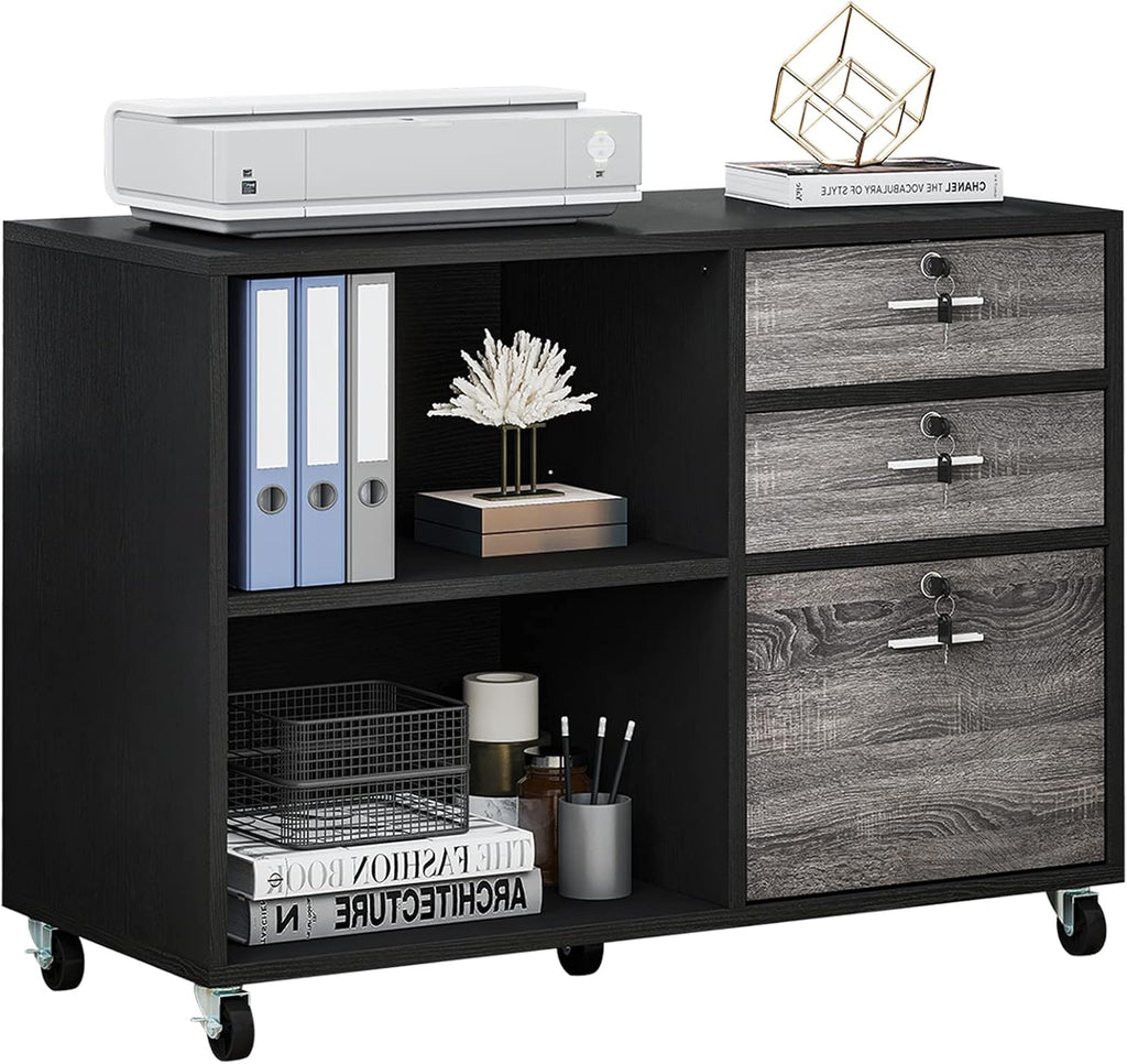 Wood 3 Drawer Mobile File Cabinet with 2 Open Shelves D1564