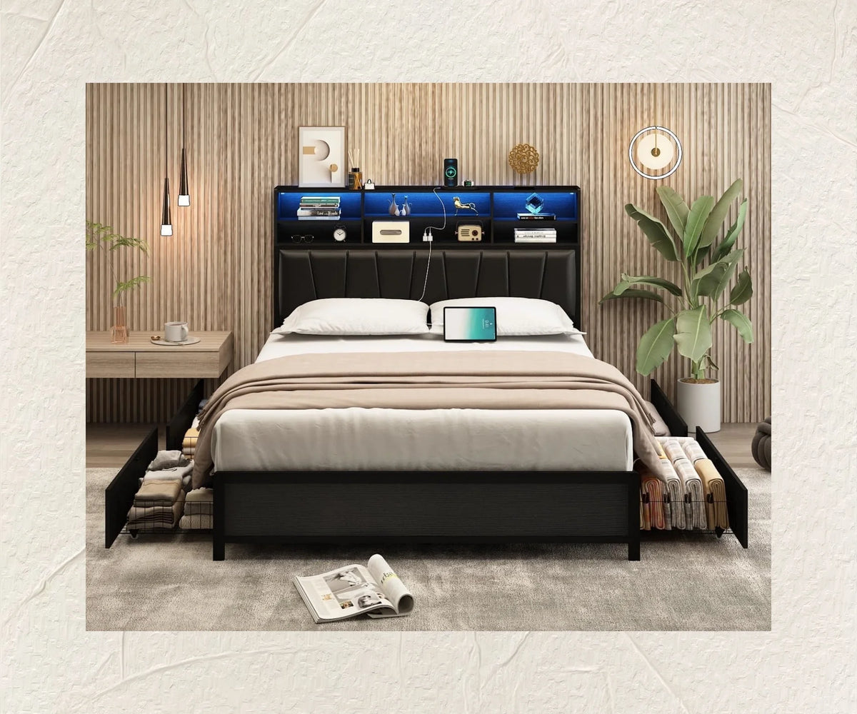 White Queen Size LED Storage Bed Frame with Charging Station R682