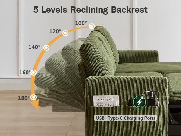 Corduroy Green L Shaped Sleeper Sofa with Pull Out Bed L836400