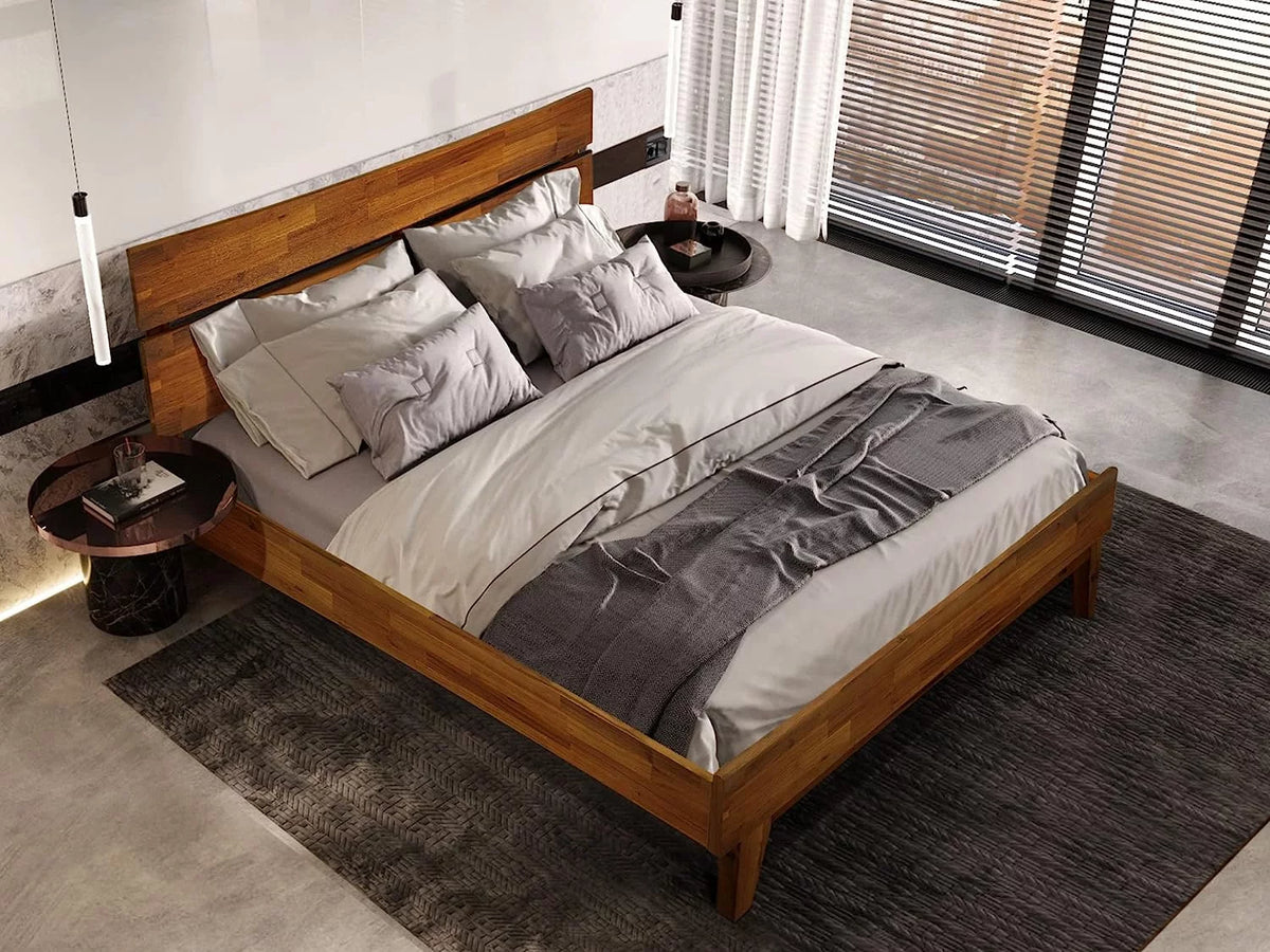14 Inch Wood Platform Bed with Headboard Queen Size Caramel O395