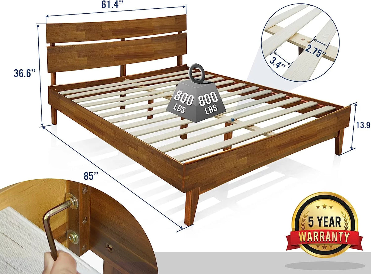 14 Inch Wood Platform Bed with Headboard Queen Size Caramel O395