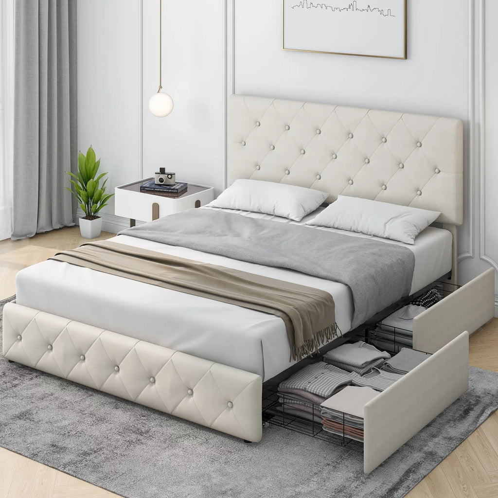 Queen Size 4 Drawer Tufted Upholstered Platform Bed Frame A725
