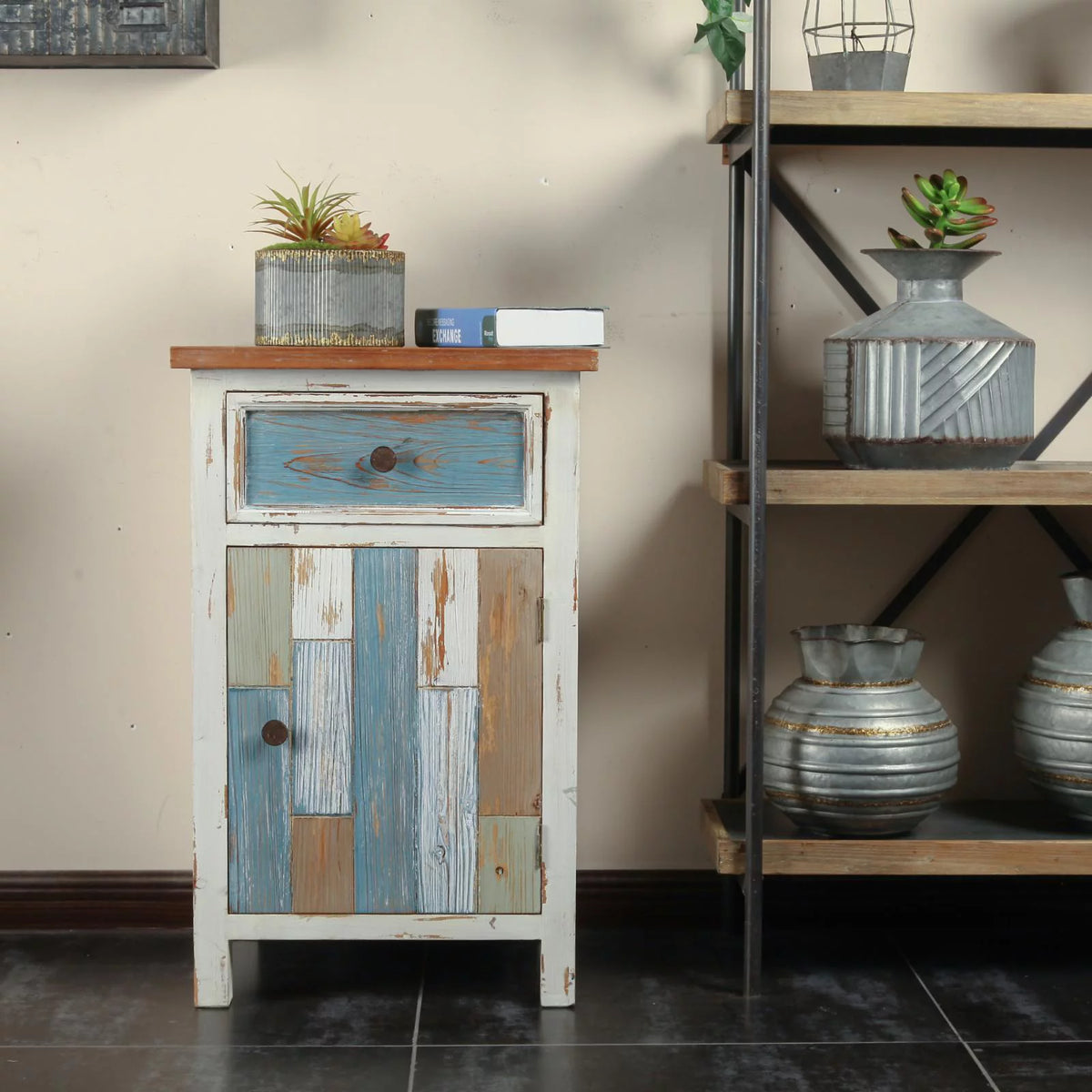 Rustic Multi-Color Wood 1-Drawer 1-Door End Table Y195324
