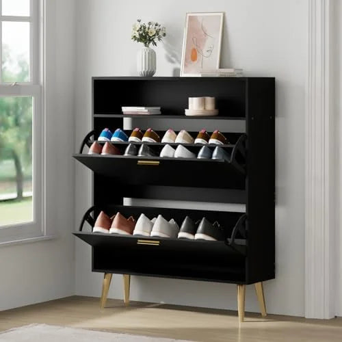 Black Narrow Shoe Cabinet with 2 Flip Drawers U603501