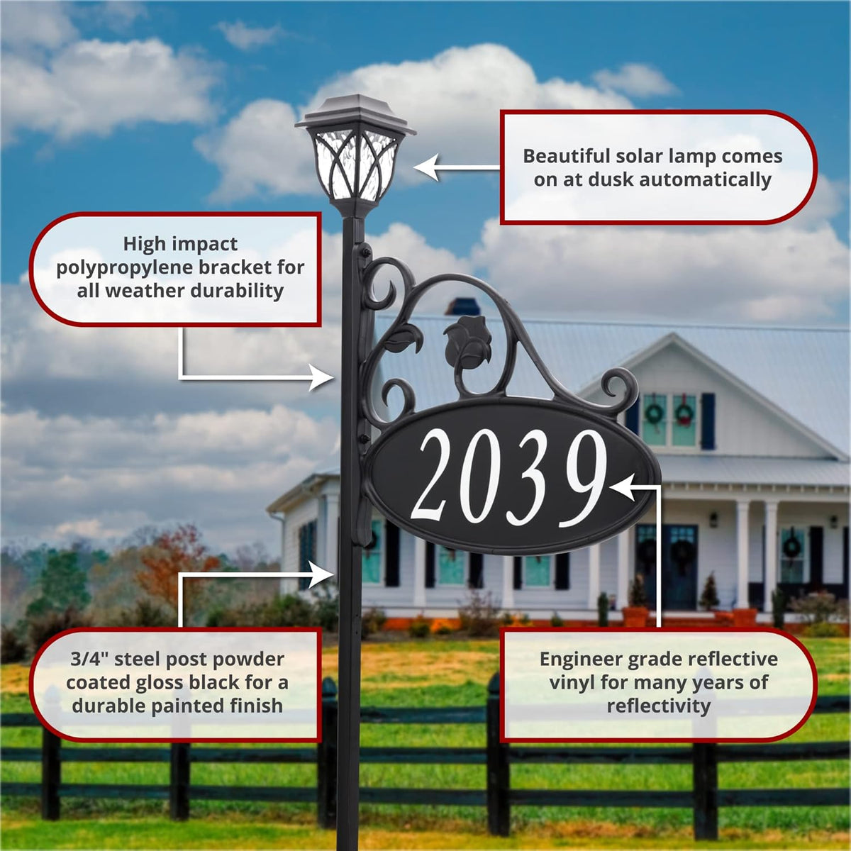 Handcrafted Double-Sided Reflective Home Address Sign with Solar Light C1799