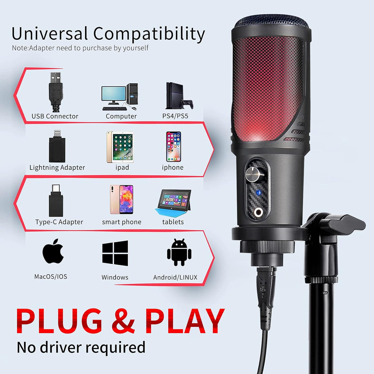 Red LED USB Condenser Microphone, Cardioid, Pack of 2 H309
