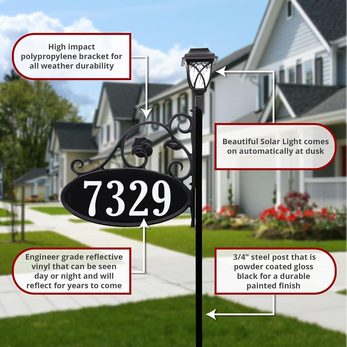 Handcrafted Double-Sided Reflective Home Address Sign with Solar Light C1799