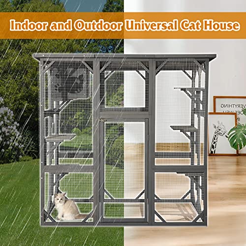 Grey Large Wooden Cat Enclosure with Platform X45439