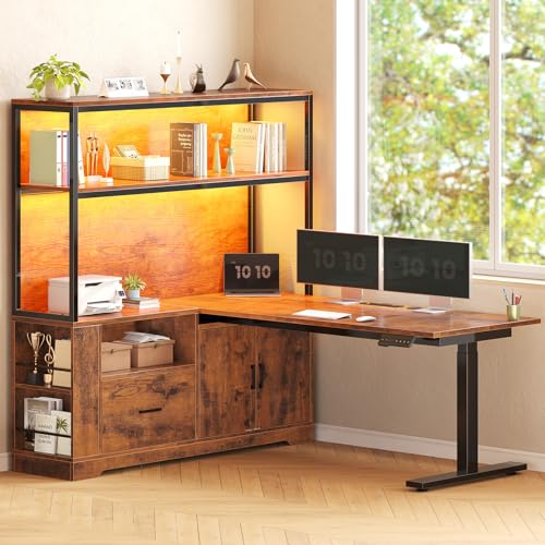 White L Shaped Standing Desk with Drawers & Hutch I543