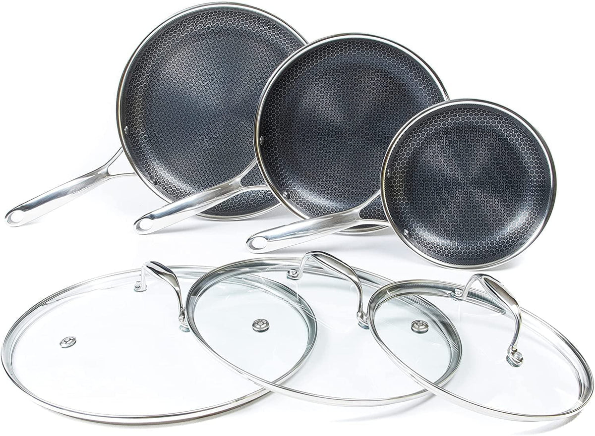 6 Piece Hybrid Stainless Steel Non-Stick Cookware Pan Set with Glass Lids D16800