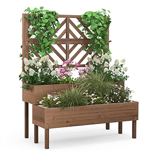 2-Tier Raised Wooden Garden Bed with Trellis W7257